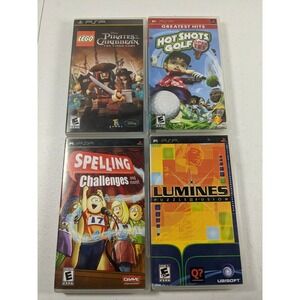 4 Psp Games- Lumines- Hot Shots Golf- Spelling Challenges- Pirates of Caribbean